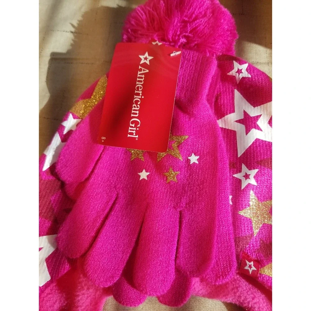 American  Girl  Pink/Gold Star  Pom Pom‎ Tie Knit Hat/Gloves Size 8+ Years